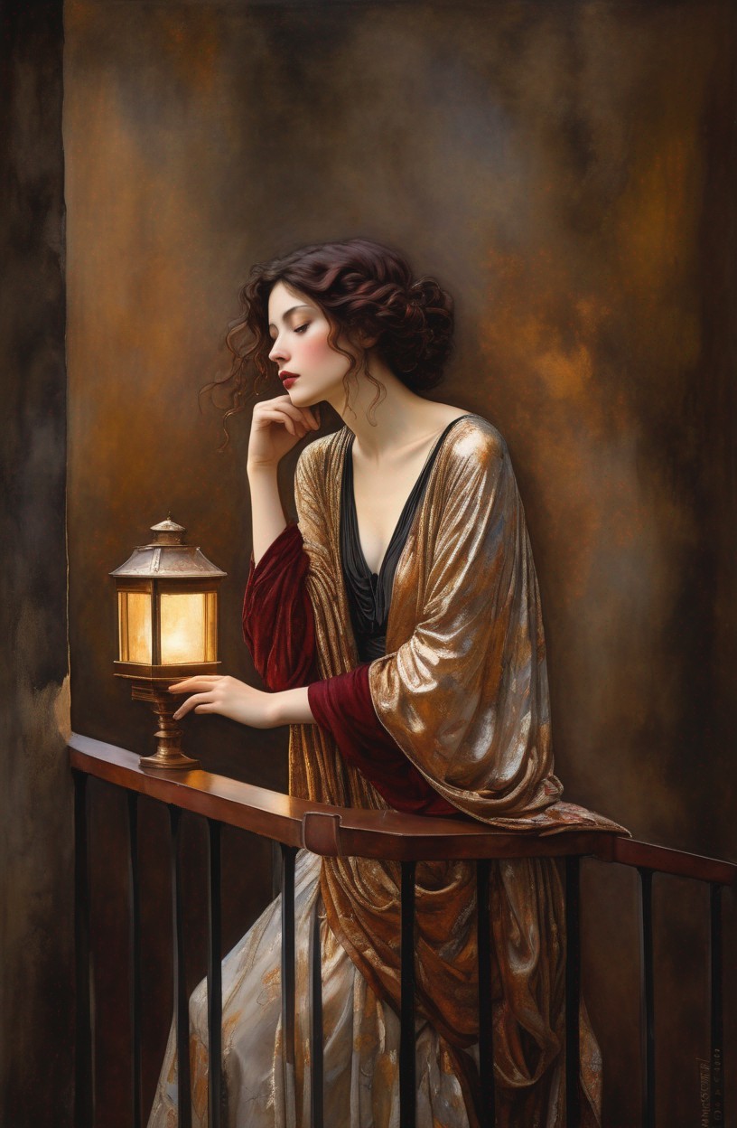 Pensive woman in golden dress with lantern on balcony against warm background