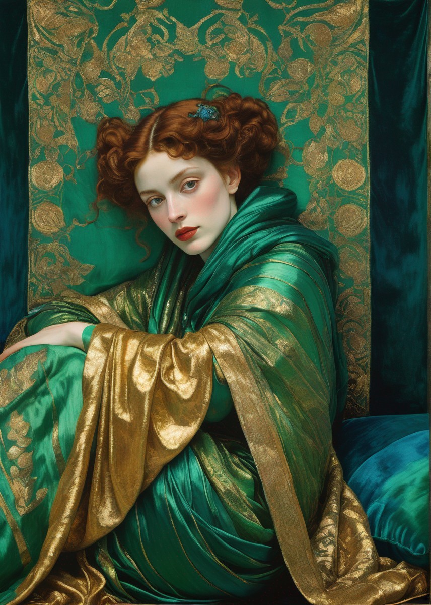 Curly red-haired woman in emerald and gold fabric against green backdrop
