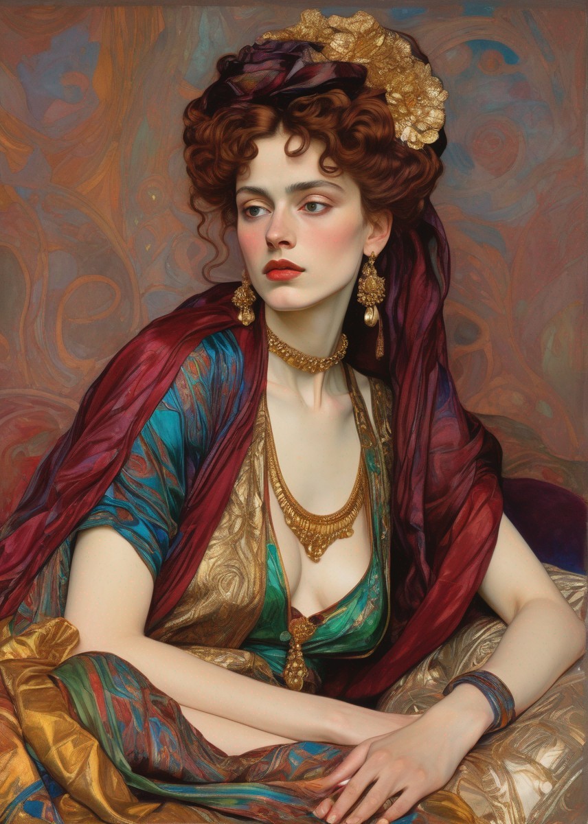 Classical painting of woman in ornate gold headdress and vibrant drapery