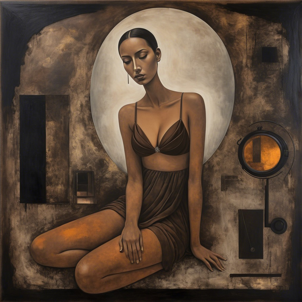 Serene Woman Figure in Brown Outfit with Abstract Background