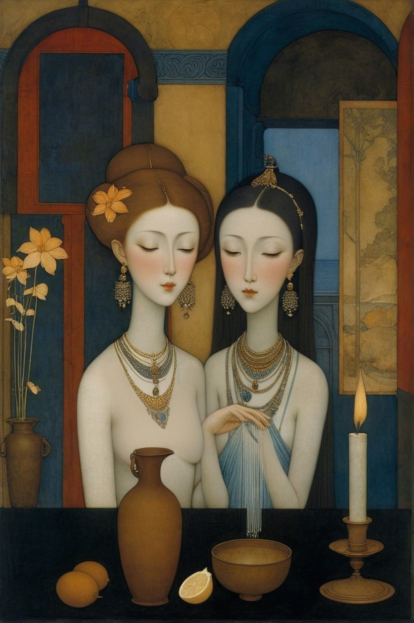Serene Women in Intricate Jewelry and Soft Colors