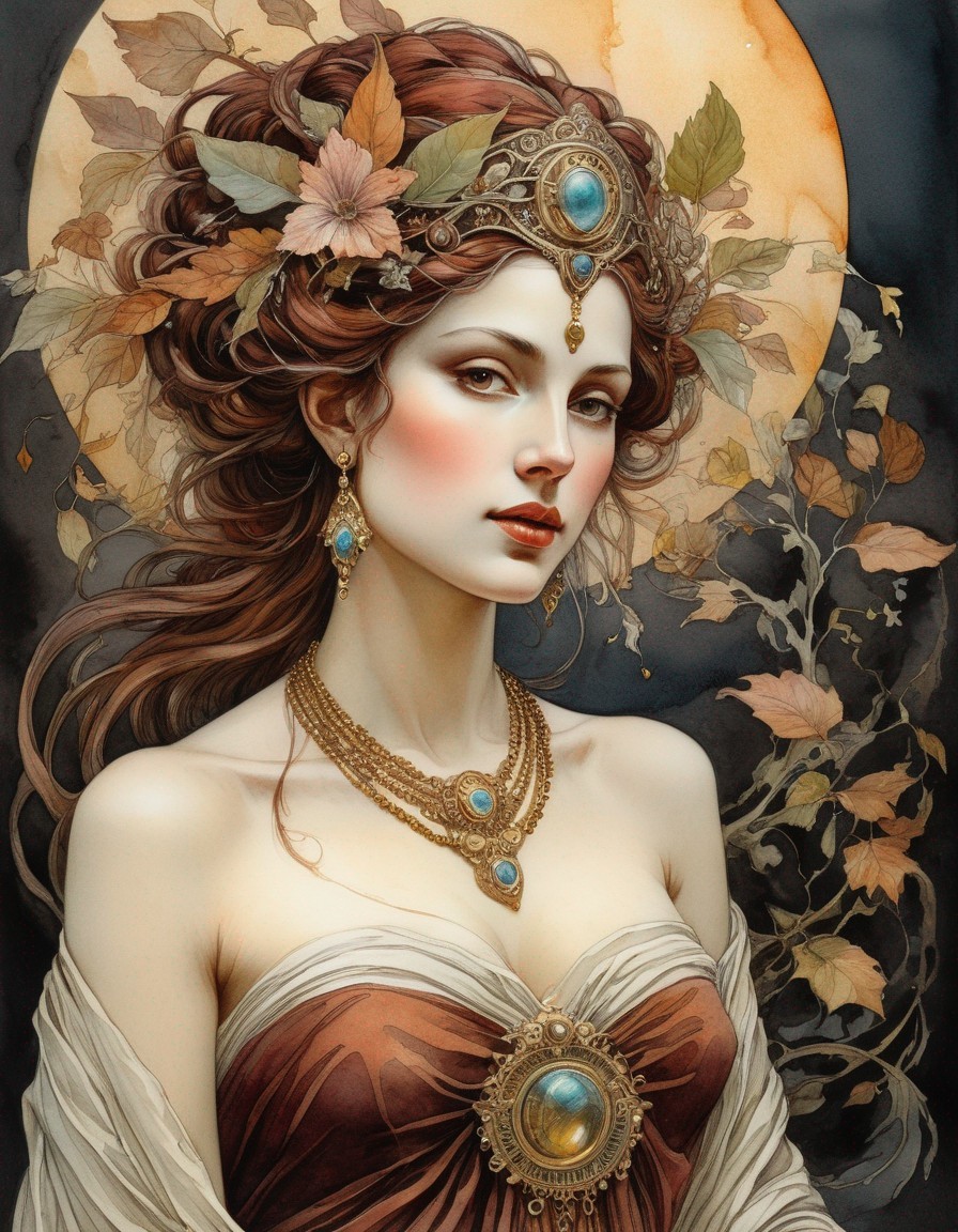 Detailed illustration: Woman with brown hair, adorned with autumn leaves and flowers, wearing gemstone jewelry.