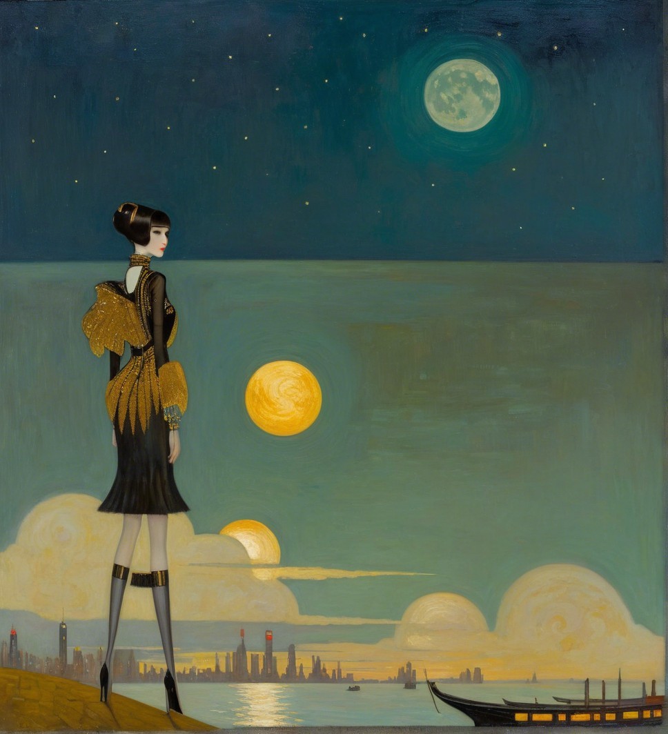 Elegant Woman by Tranquil Sea Under Two Moons