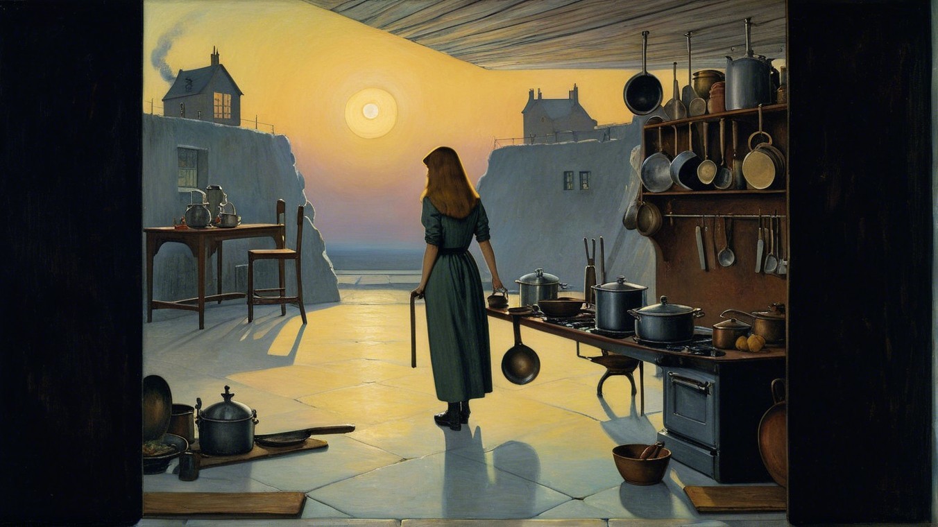 Young Woman in Green Dress in Serene Kitchen Setting