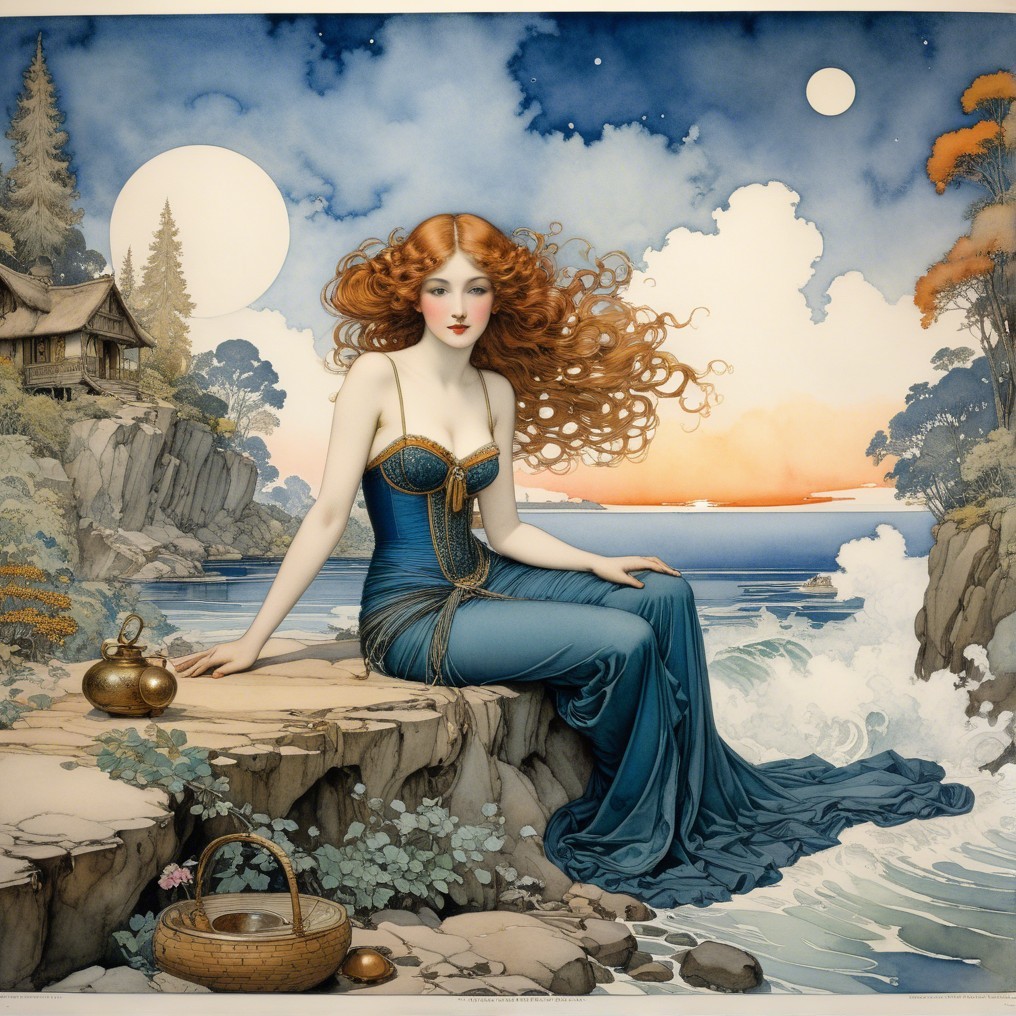 Woman in Blue Dress on Rocky Shoreline at Sunset