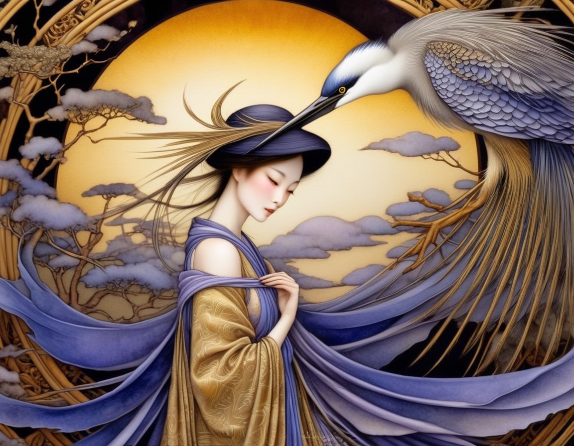 Serene Illustration of Woman and Crane Under Moon