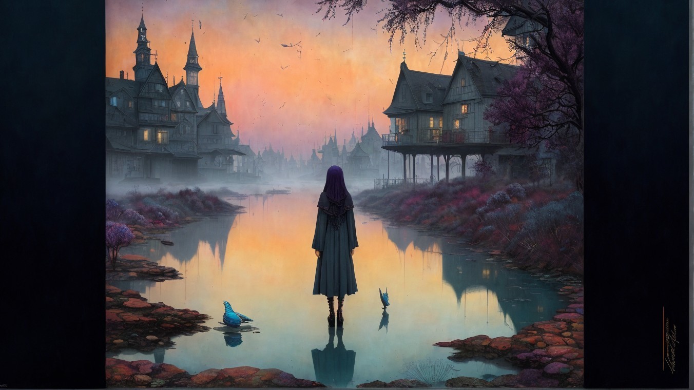 Dusk Scene by Tranquil River with Misty Houses