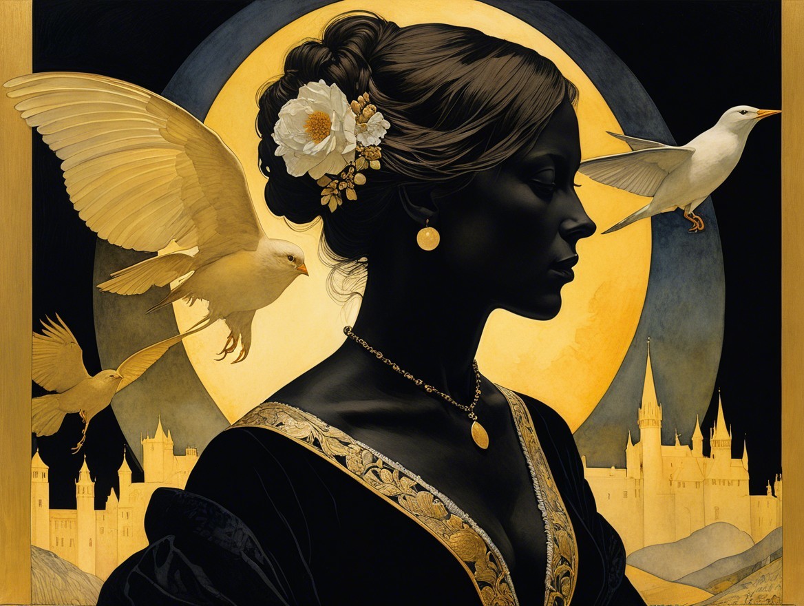 Profile of a Woman with Flowers and Golden Birds