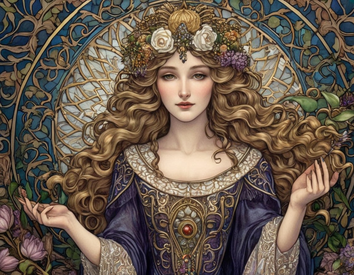 Woman in Purple Gown with Golden Hair and Flowers