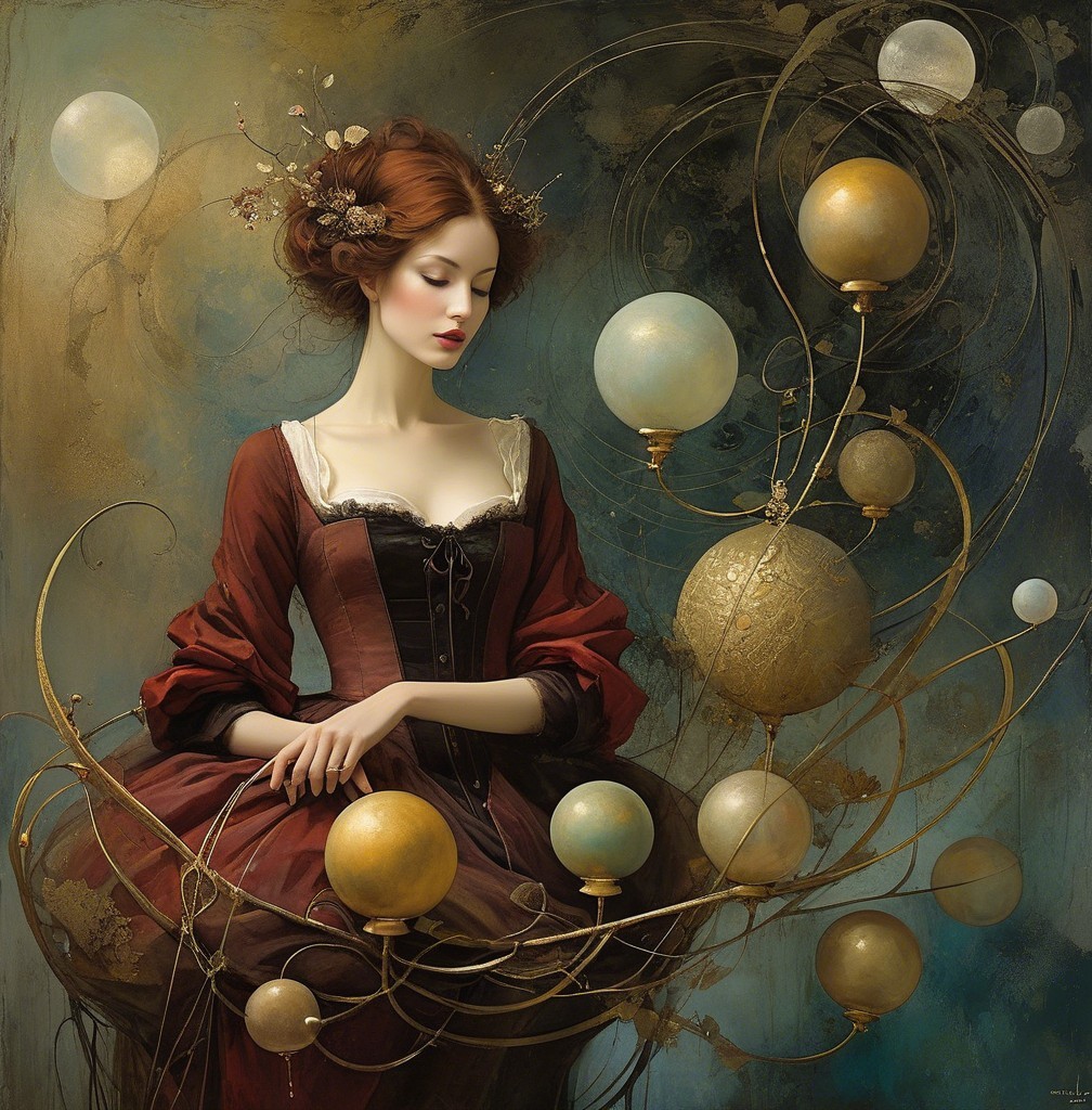 Serene Woman in Vintage Dress with Ethereal Backdrop