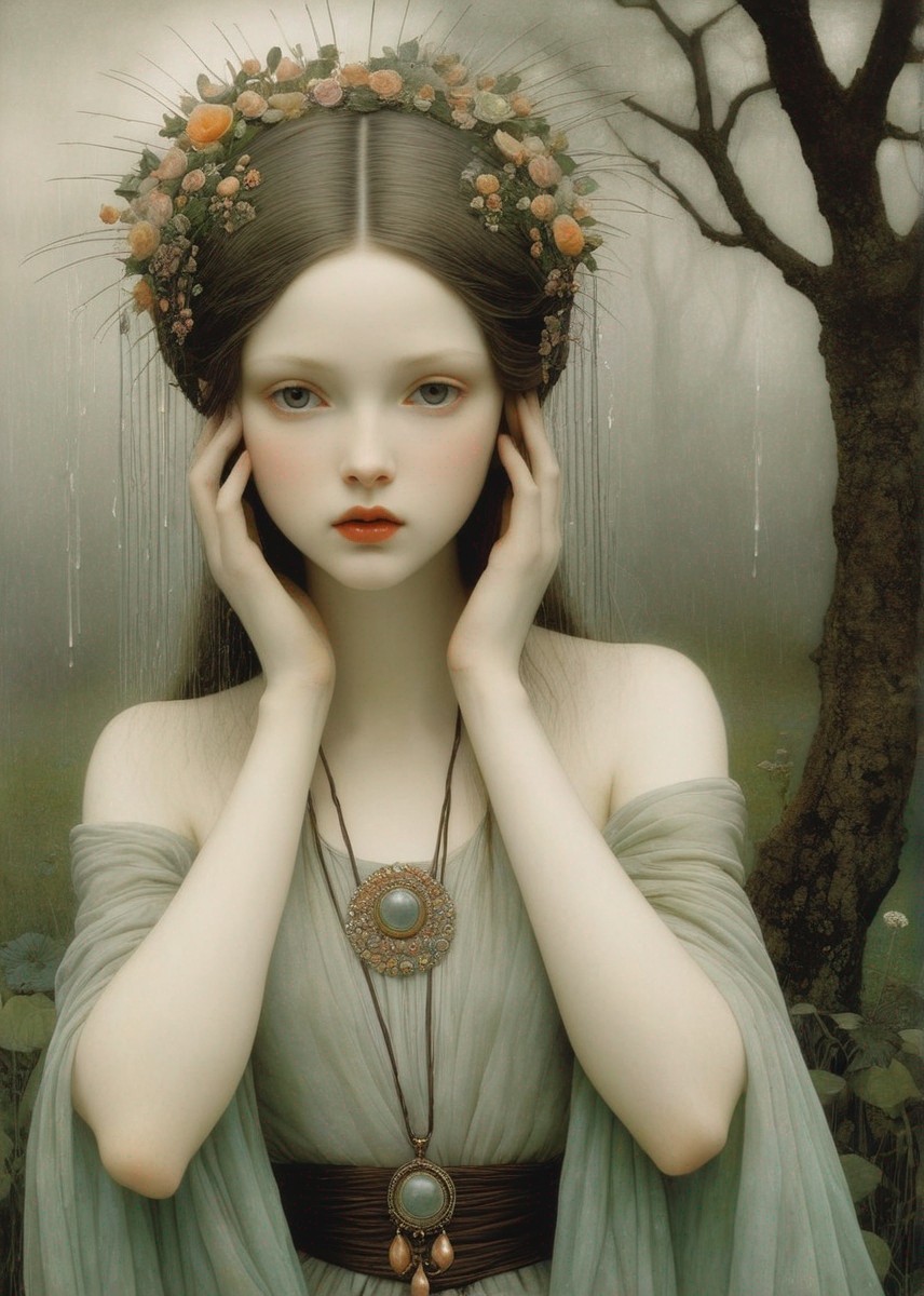 Pale woman in floral crown and vintage dress in misty forest portrait.