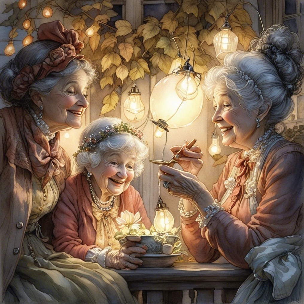 Elderly Women Sharing Stories in Cozy Evening Setting