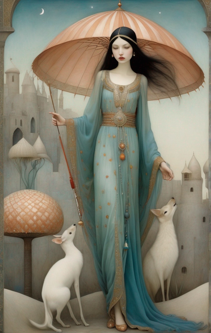 Woman in Blue Dress with Borzois in Fantastical Cityscape