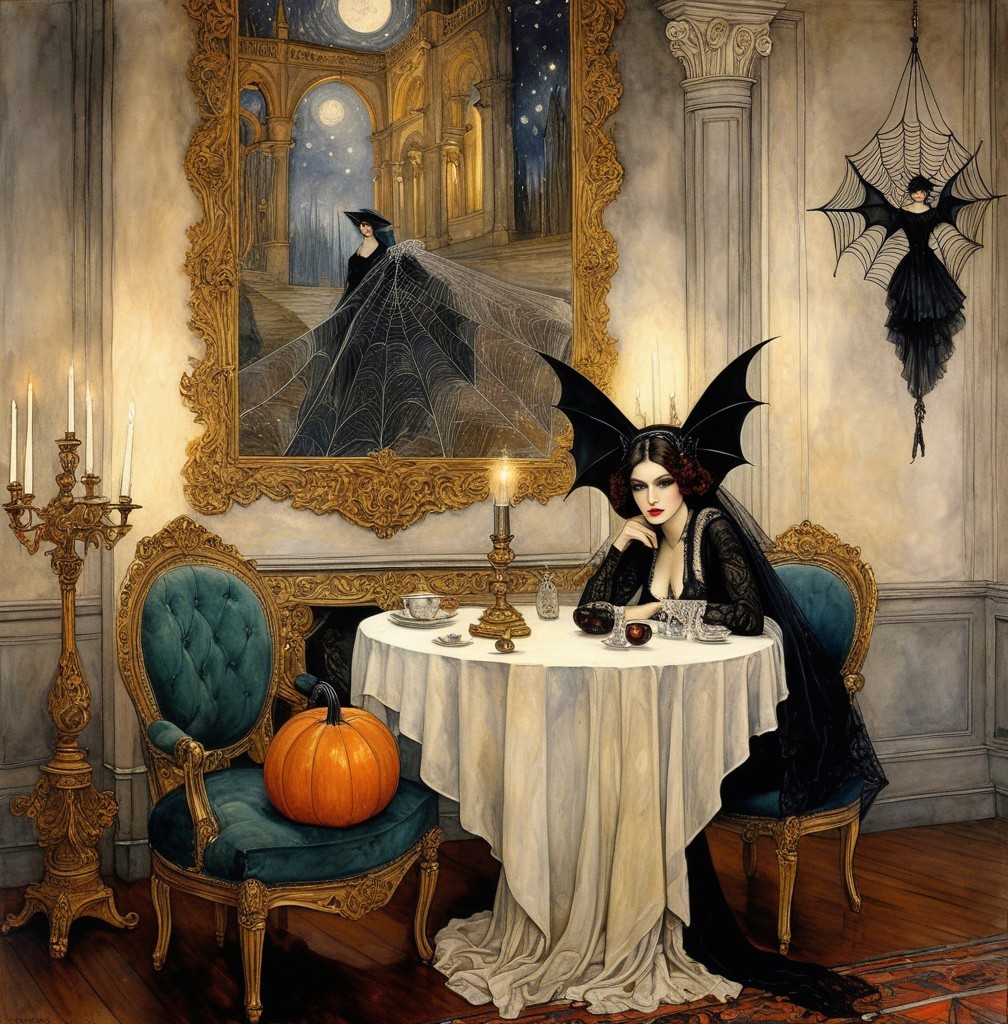 Gothic Room with Winged Woman and Candlelit Decor