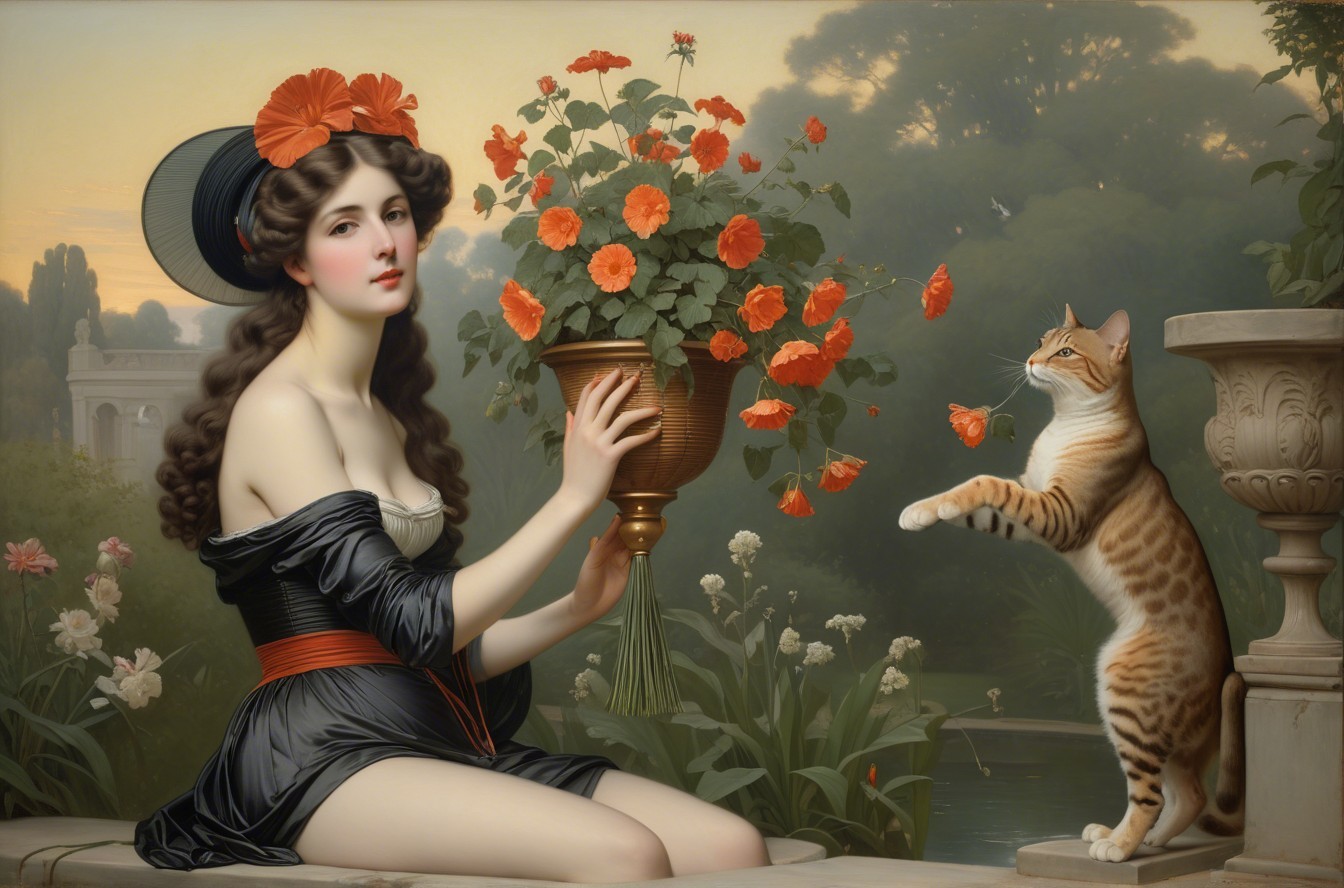Classic painting of a woman with flowers and cat