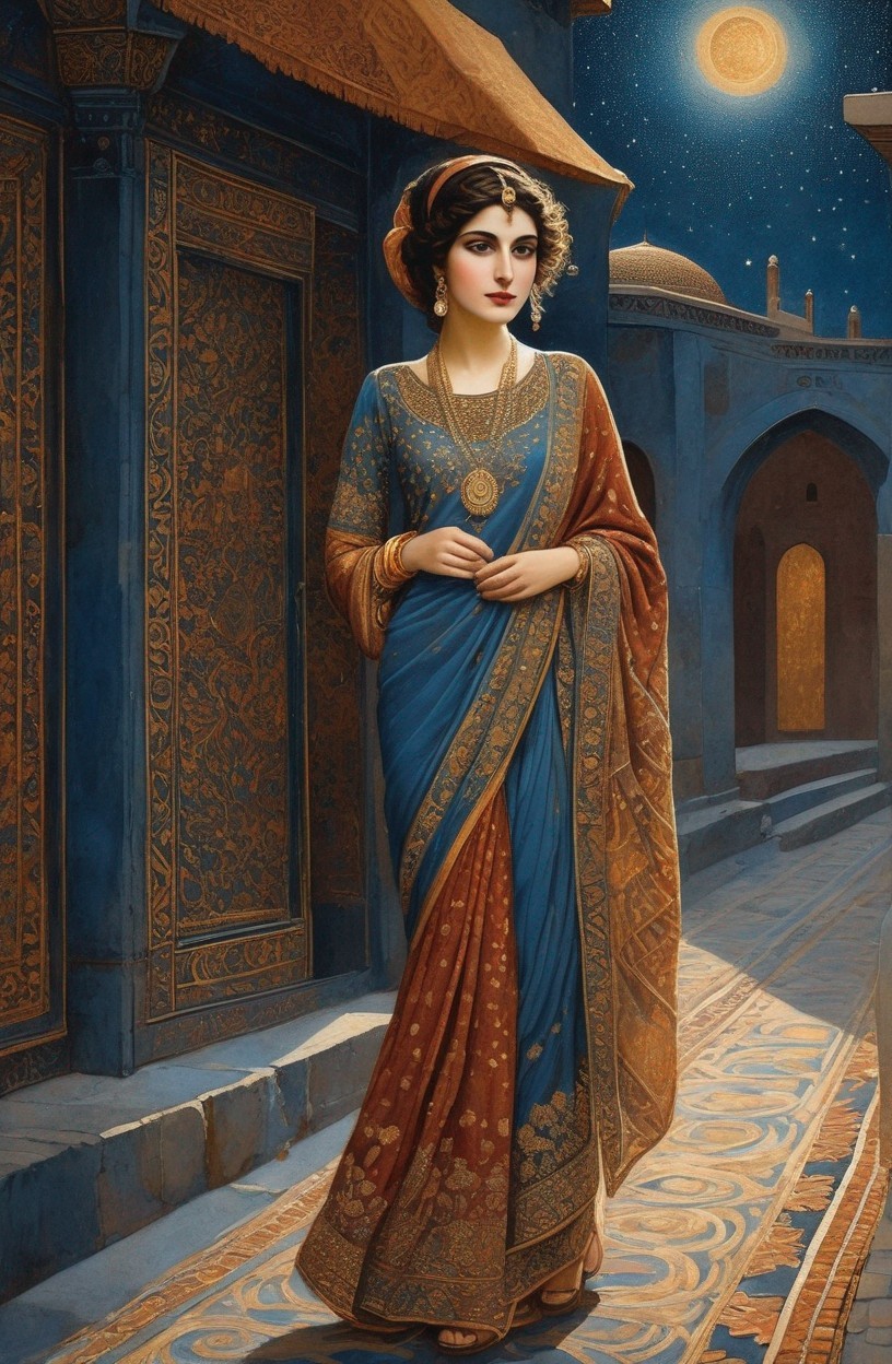 Woman in Vibrant Sari in Decorated Night Alley