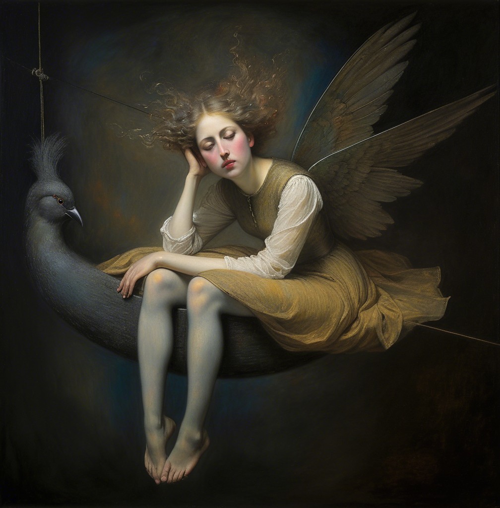 Melancholic Artwork of Young Woman on Crescent Moon
