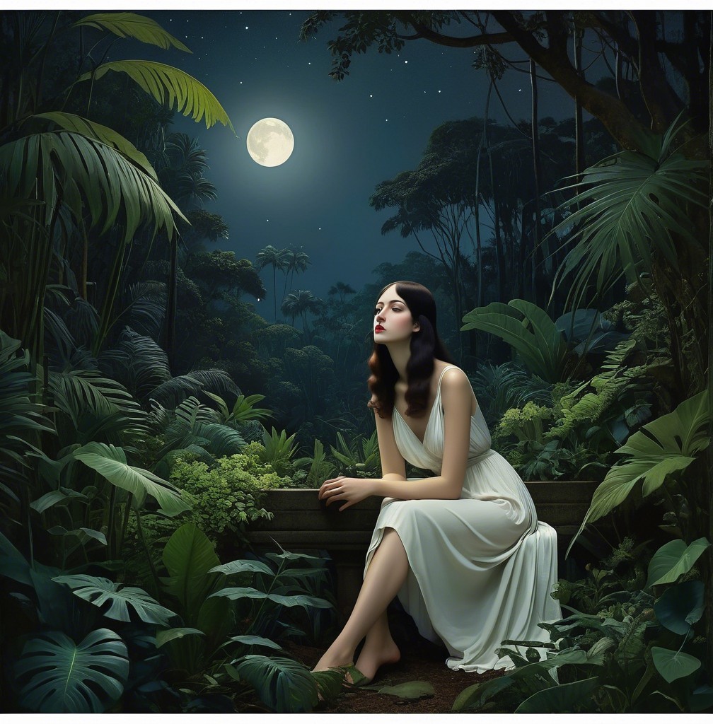 Moonlit Jungle Scene with Woman in White Gown