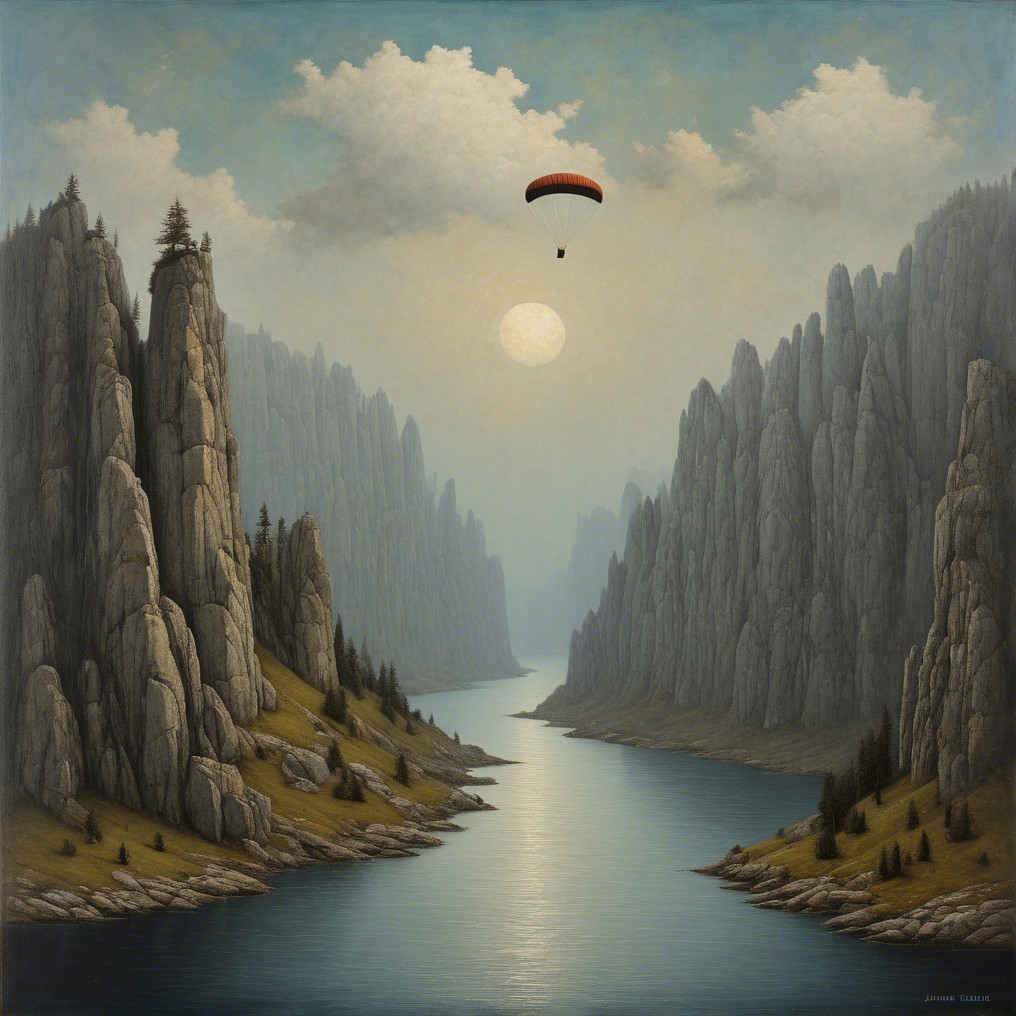 Serene Landscape with Cliffs, River, and Paraglider