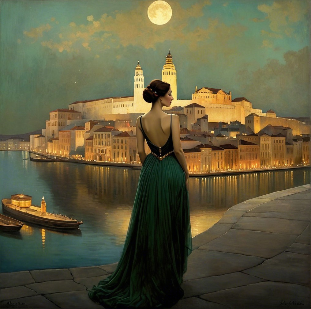 Woman in Green Gown by Tranquil Waterfront at Dusk