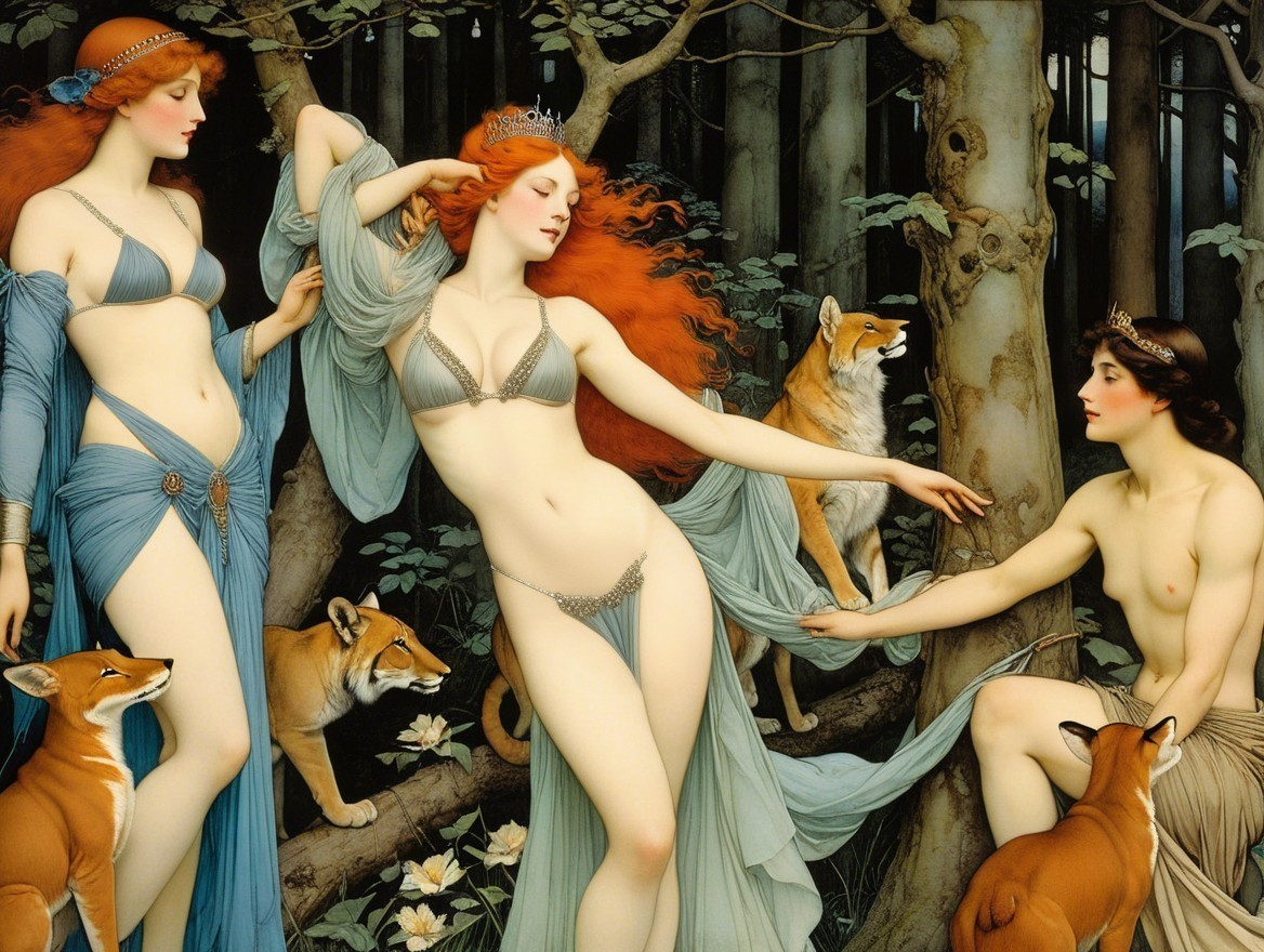 Three Ethereal Women in a Lush Forest Setting