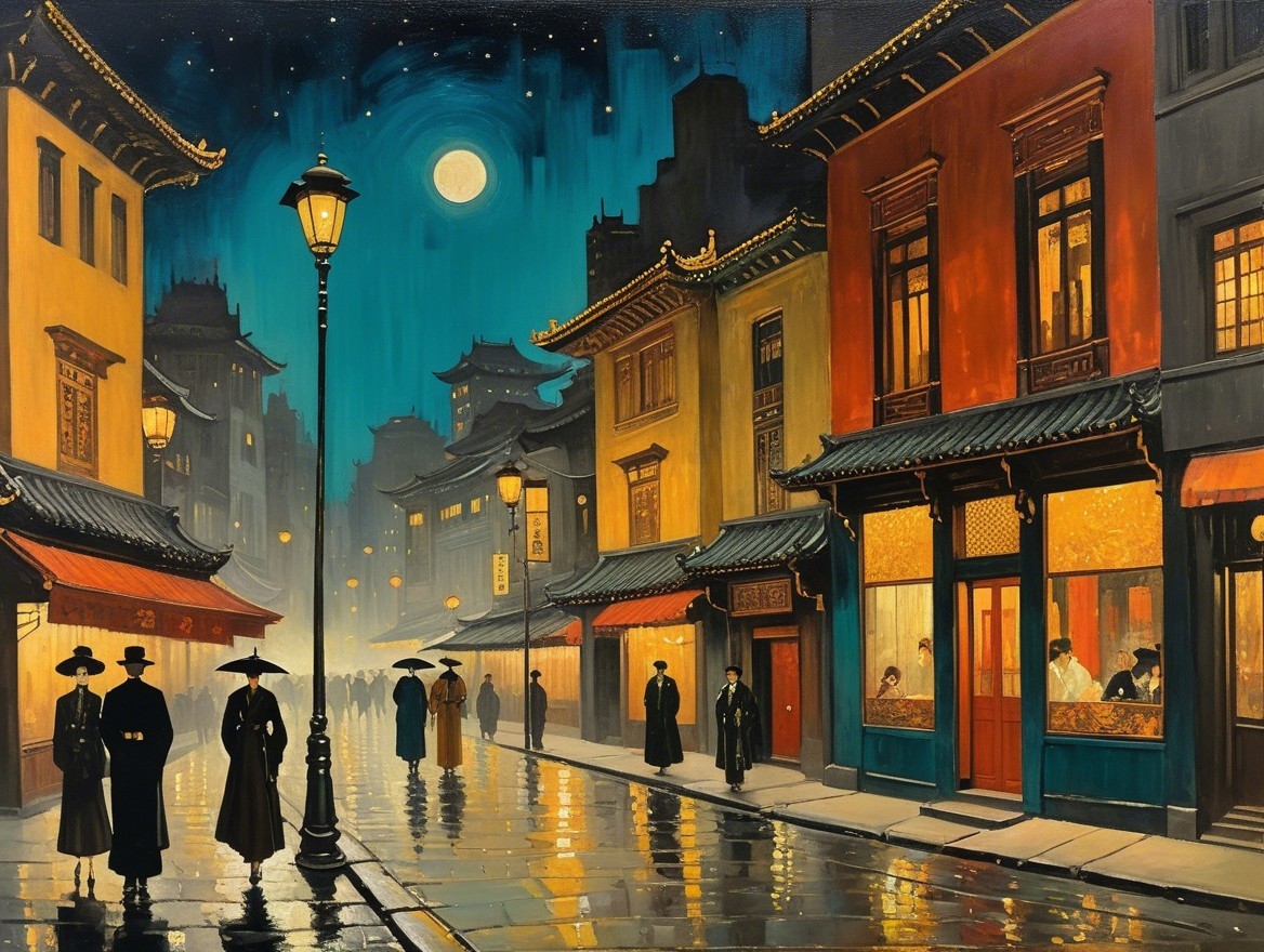 Traditional Asian Street Scene at Night with Lanterns