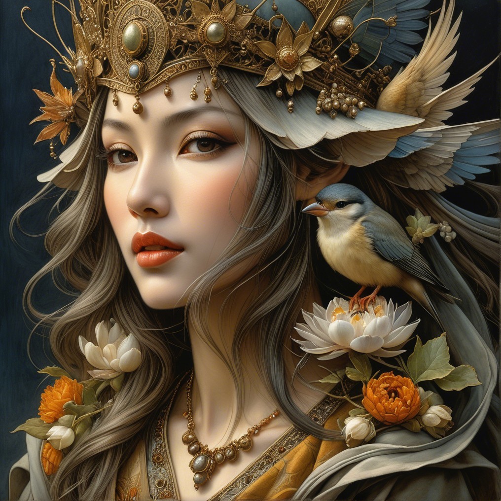 Portrait of a woman with a feathered crown and flowers