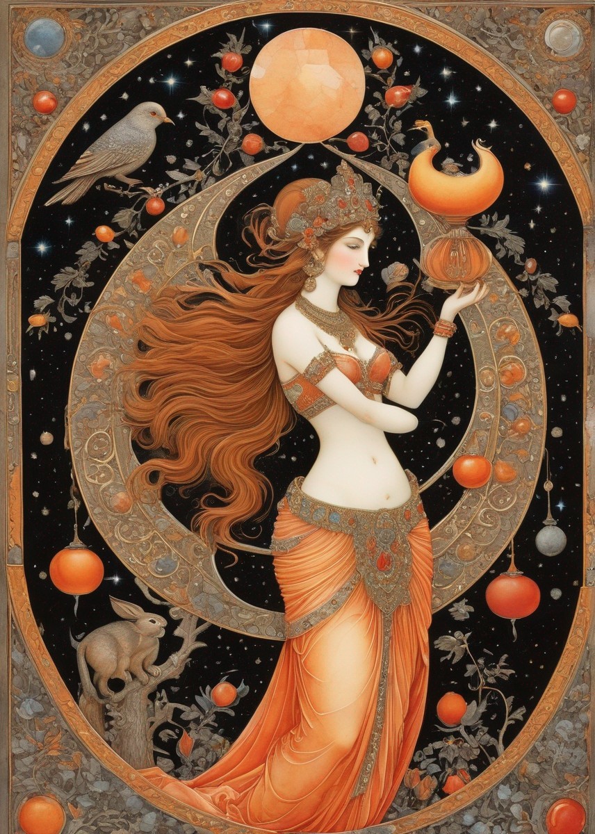 Art Nouveau Illustration of Woman with Red Hair and Dress