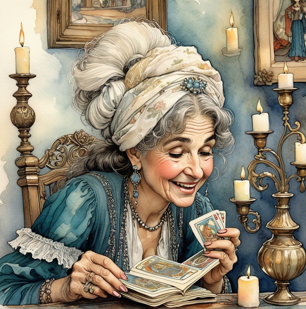 Elderly Woman Examining Tarot Cards in Cozy Setting