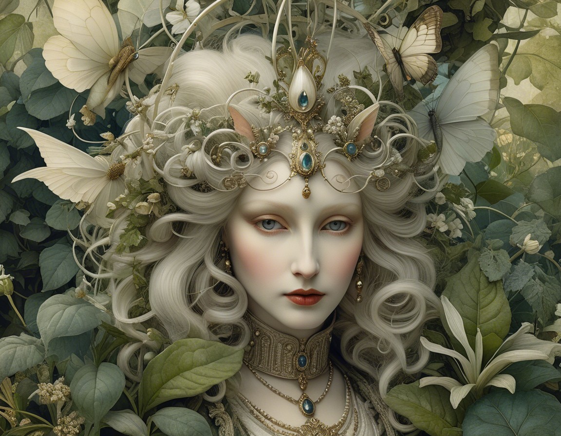 Mystical Figure Surrounded by Nature and Butterflies