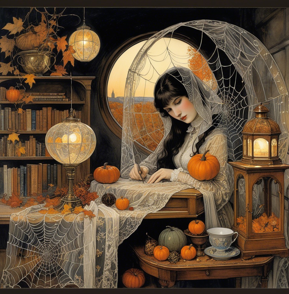 Autumn-Themed Scene with Woman Writing at Table