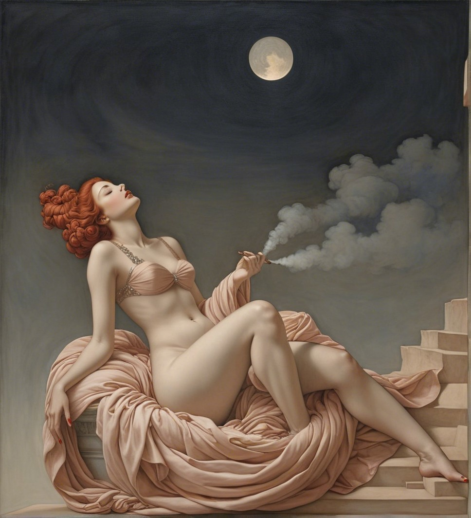Reclining figure against draped fabric with moonlight