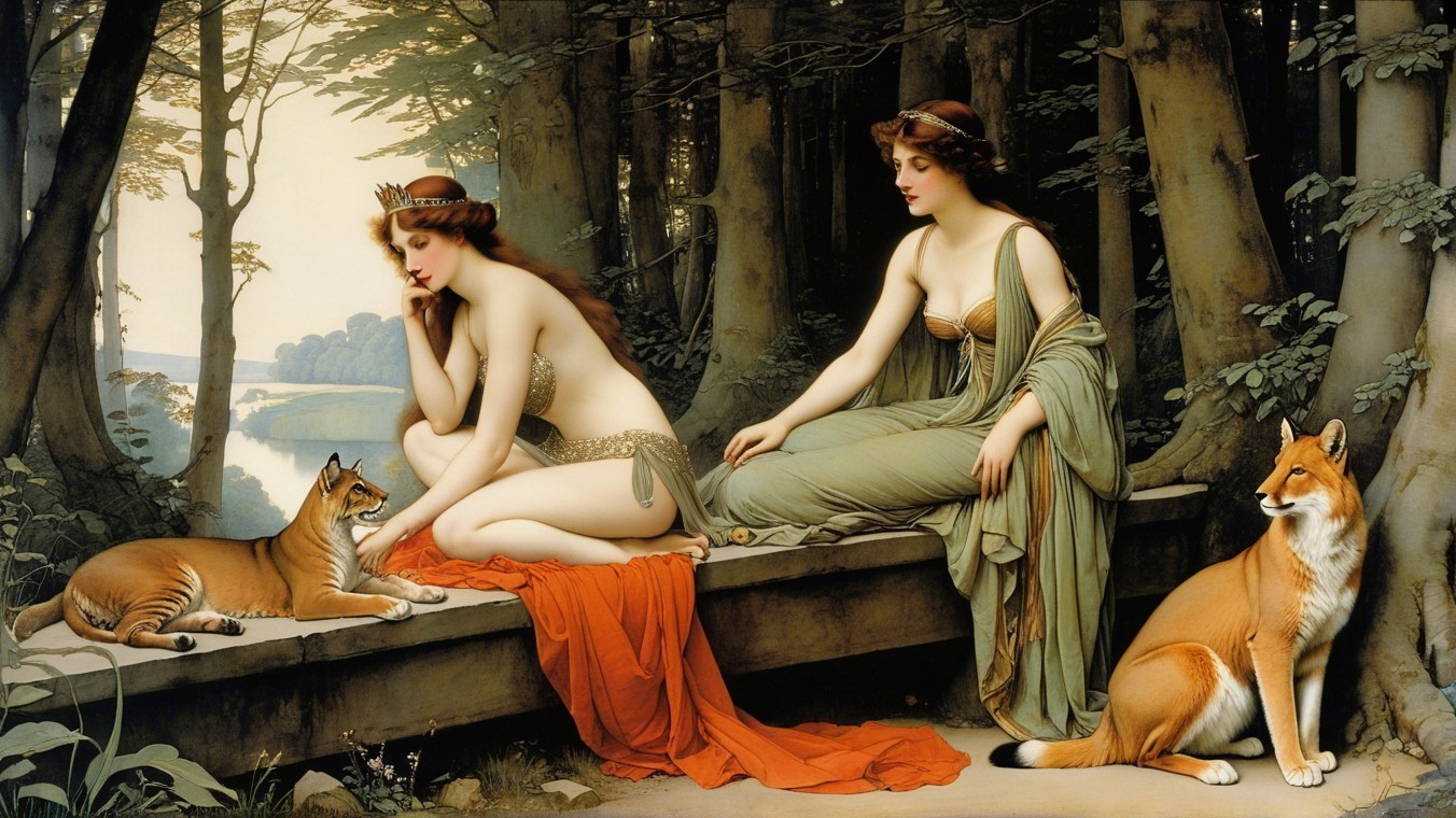 Serene Forest Scene with Women, Tiger, and Fox