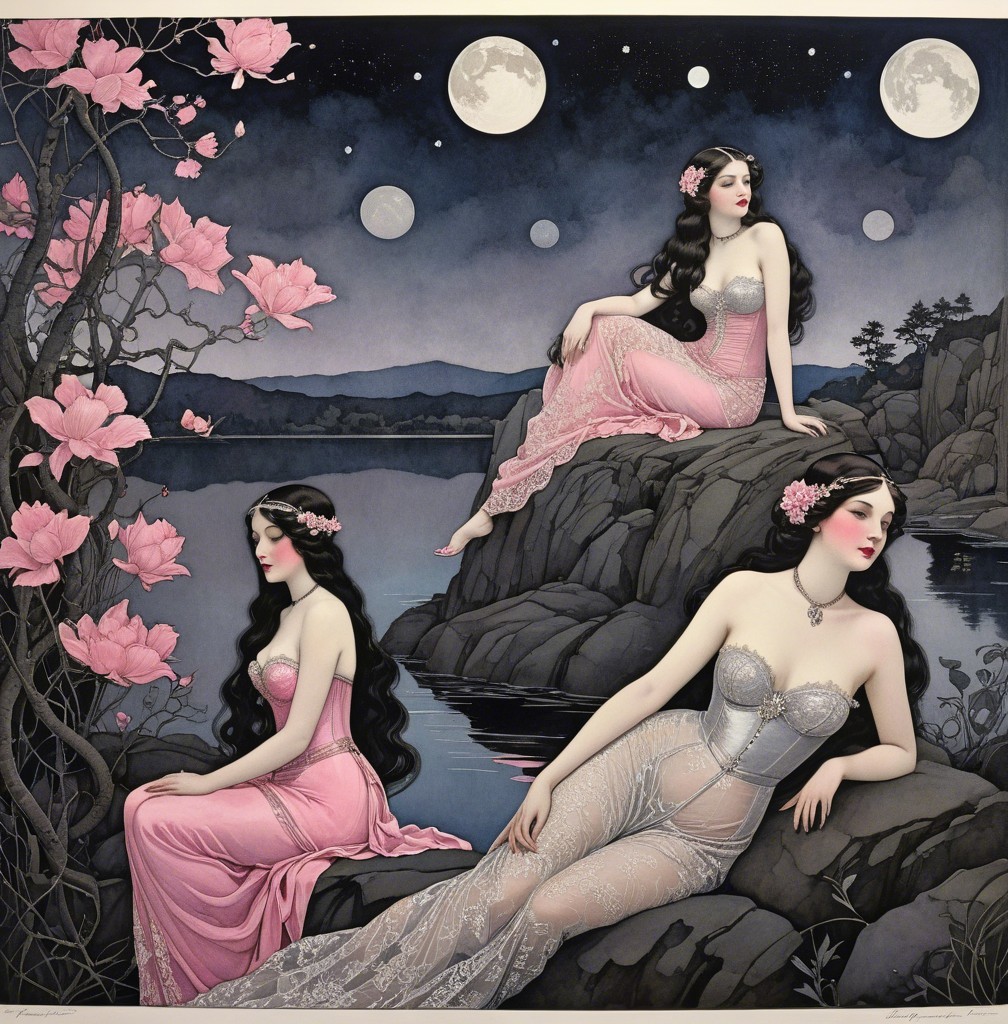 Ethereal Women in Elegant Gowns by Tranquil Lakeside