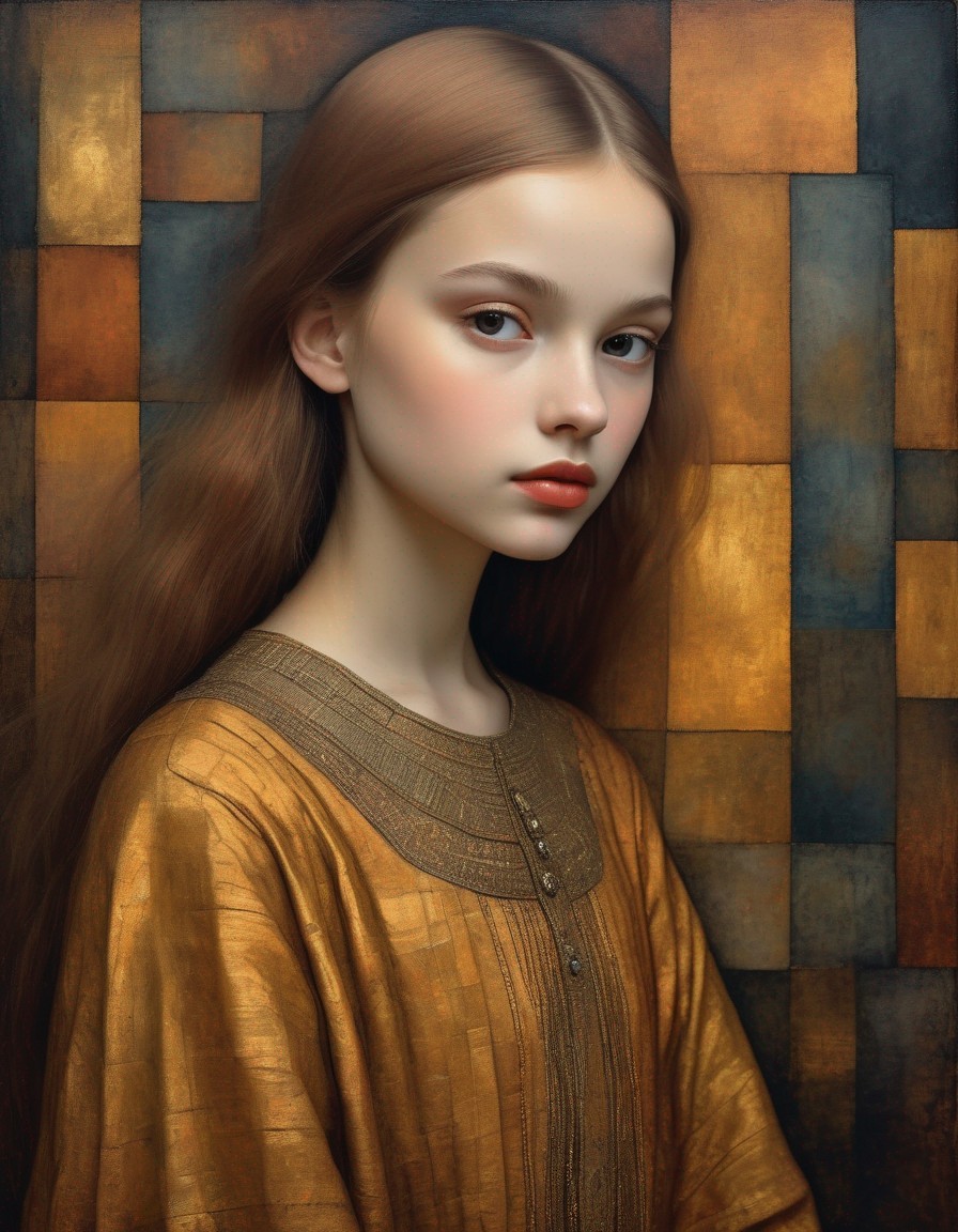 Young girl portrait with long brown hair and golden-brown dress against geometrical backdrop