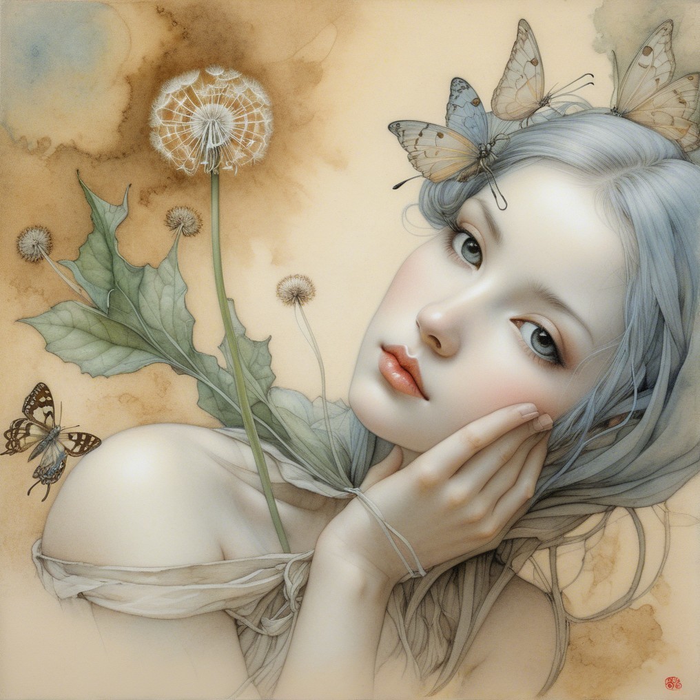 Serene Young Woman with Butterfly Motifs and Dandelions