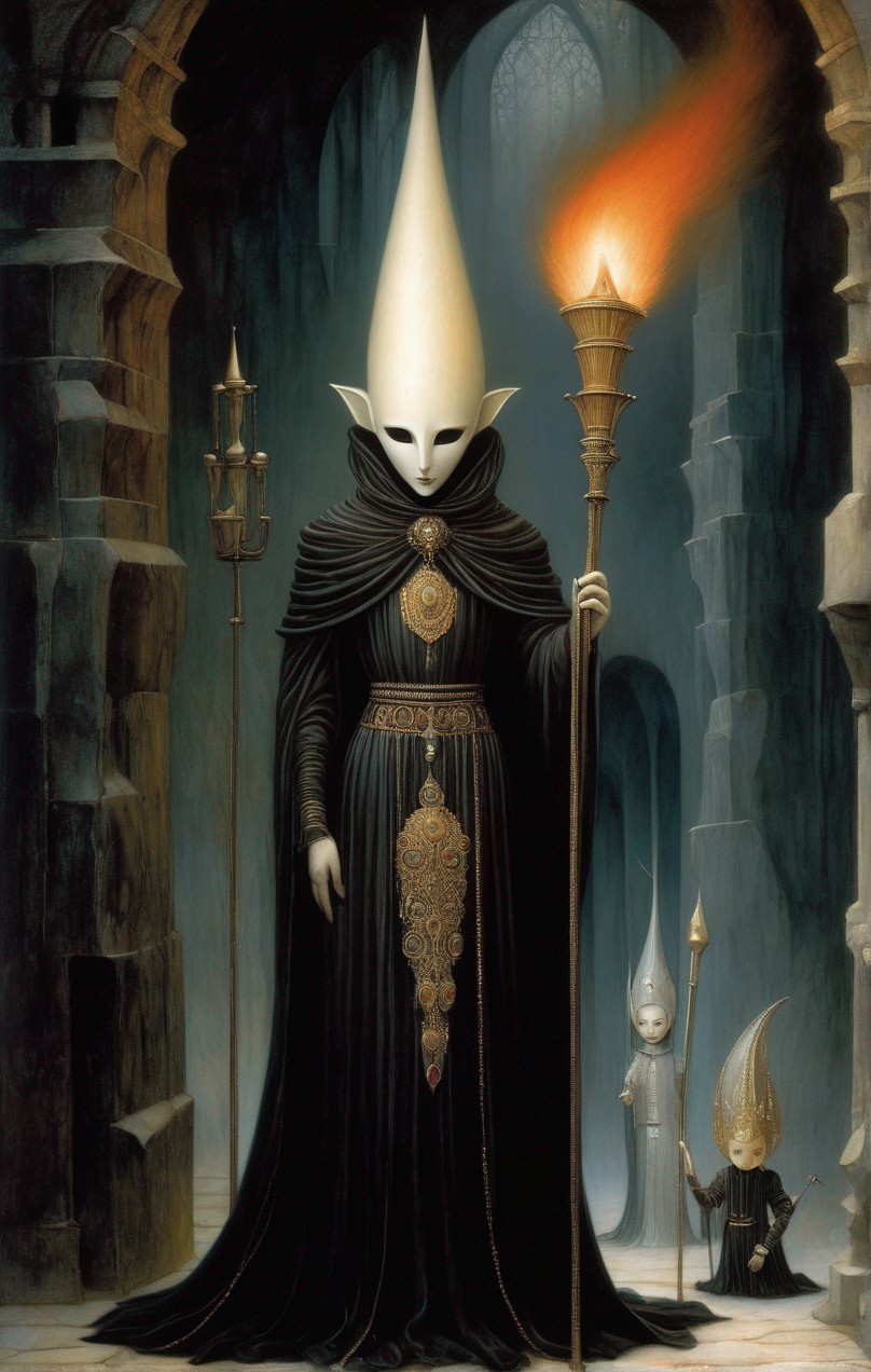 Mysterious figure in black robe with white pointed mask in stone corridor