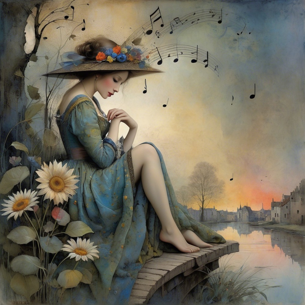 Young Woman in Blue Gown by Peaceful River Dock