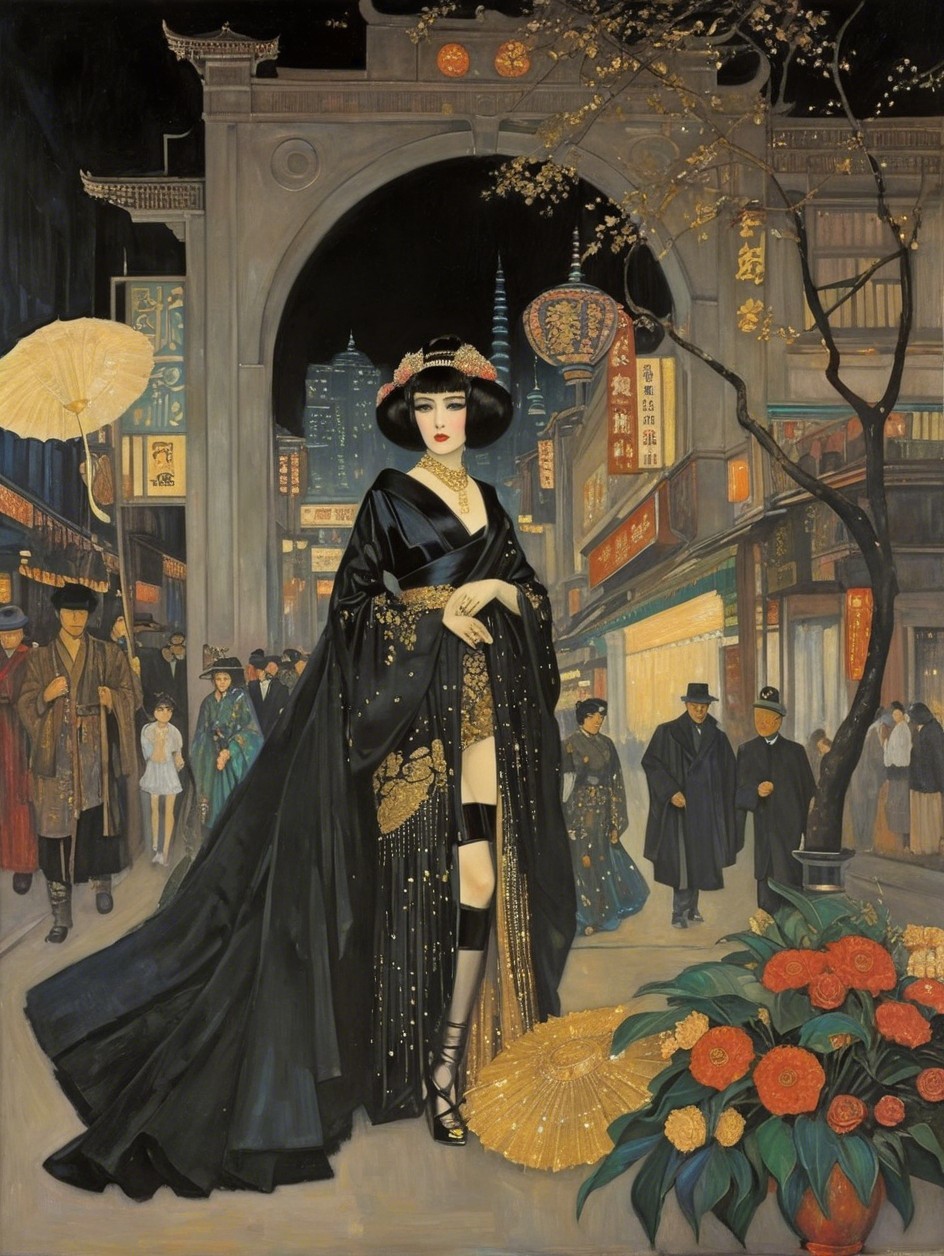 Woman in Kimono Amidst Neon Urban Night Scene