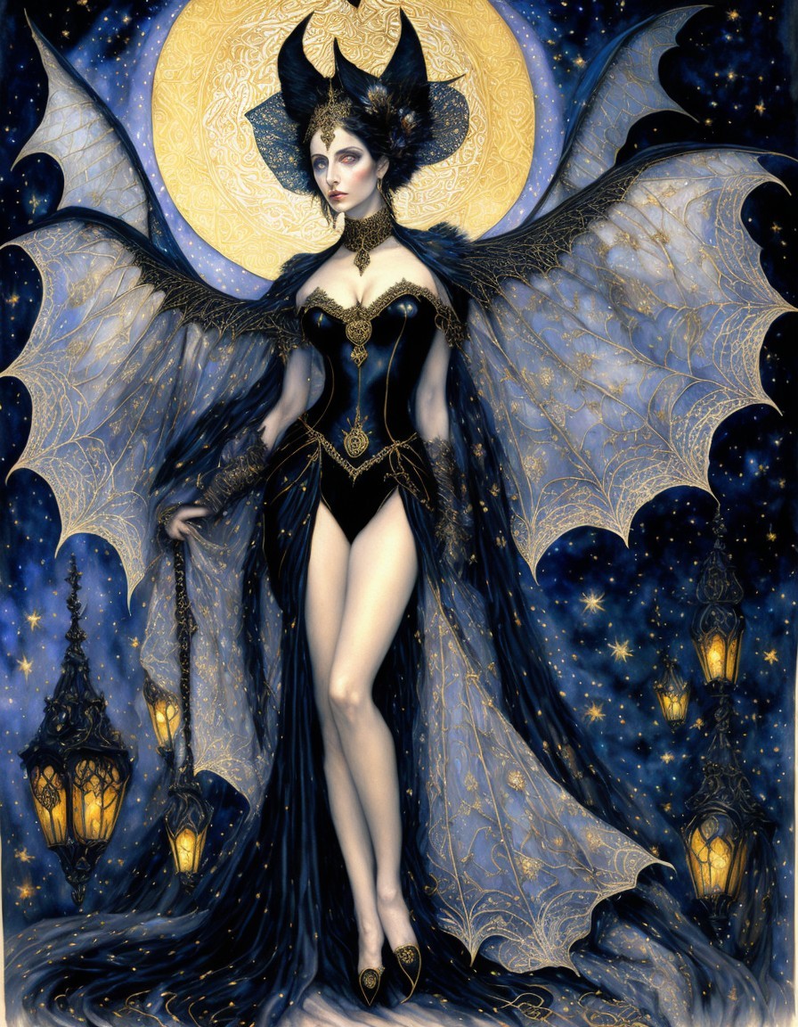 Gothic Figure with Wings Beneath a Luminous Moon