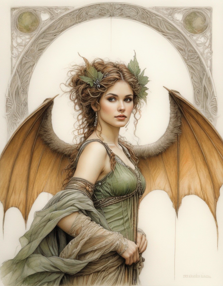 Fantasy winged female figure with leaf adornments in ornate circular backdrop