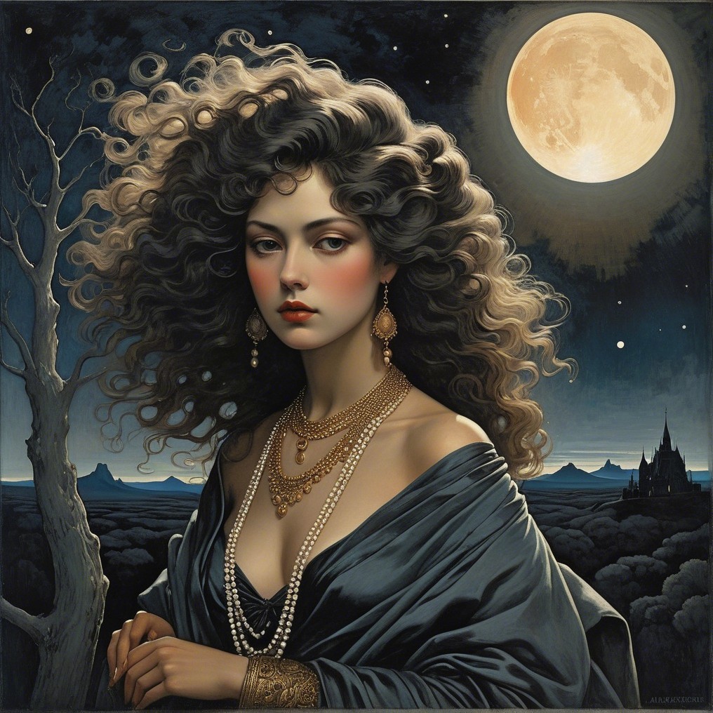 Elegant Woman in Dark Gown Against Moonlit Landscape
