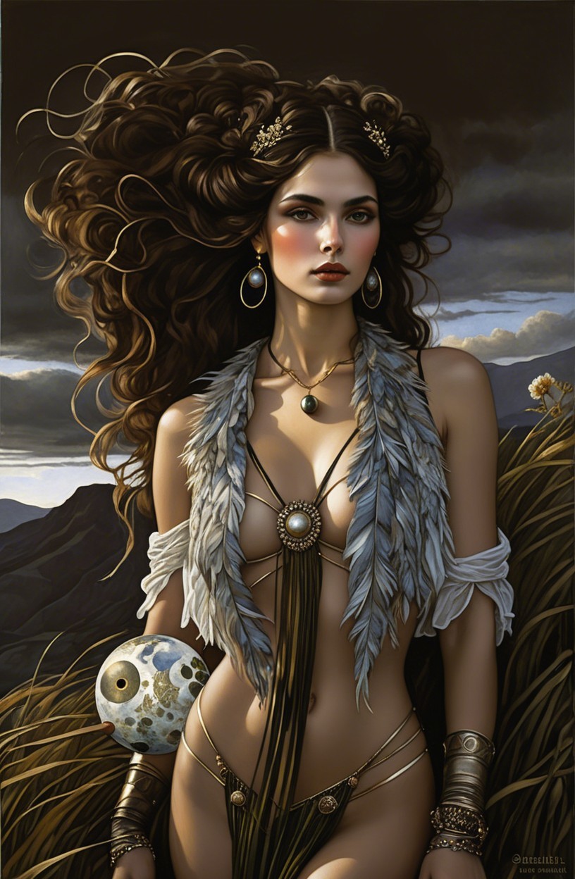 Woman in Feathers with Moon Against Dark Clouds
