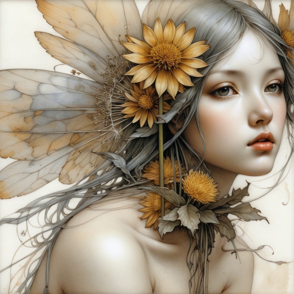 Ethereal Woman with Silver Hair and Sunflowers