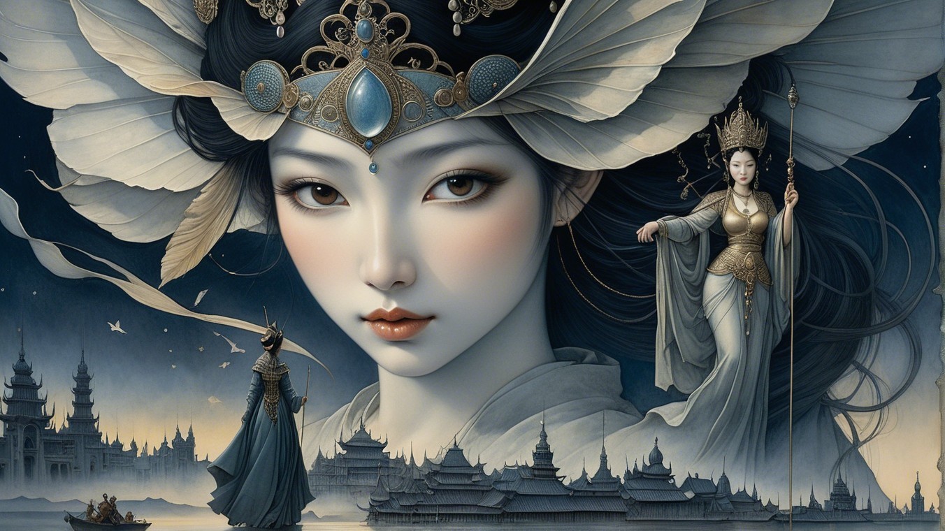 Ethereal Woman in Mystical Landscape with Majestic Figure