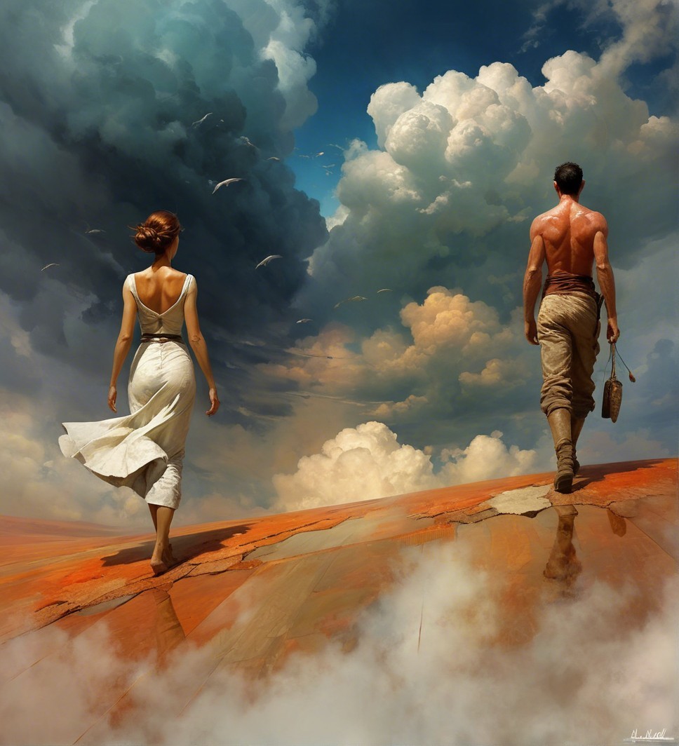 Couple Walking in Orange Landscape with Dramatic Skies