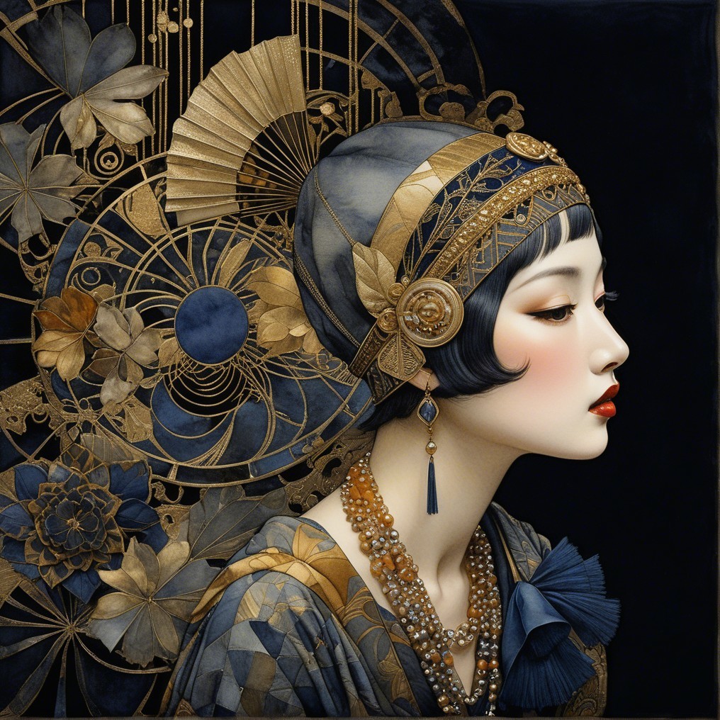 Elegant Woman in Gold and Blue Attire with Patterns