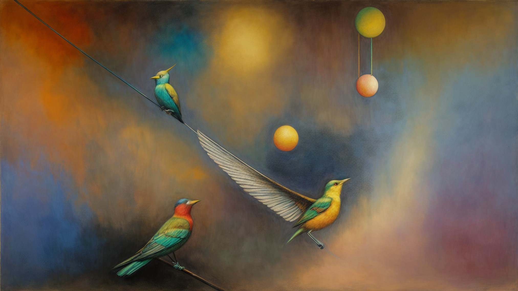 Colorful Birds on Wire in Dreamlike Setting