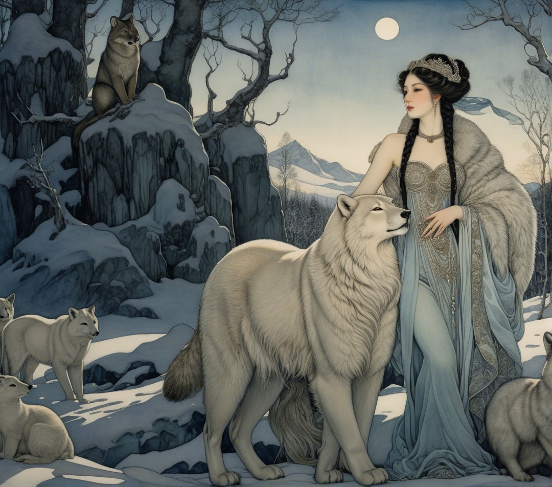 Winter Landscape with Woman and White Wolves
