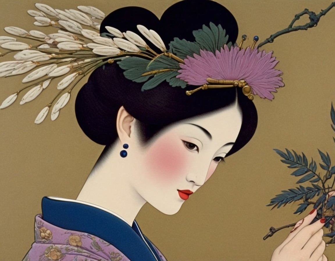 Traditional Japanese Woman in Kimono by Blossoming Tree
